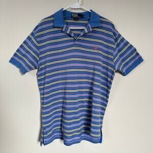 Polo Ralph Lauren Pima Cotton Short Sleeve Polo Shirt Blue Stripe Orange Pony L